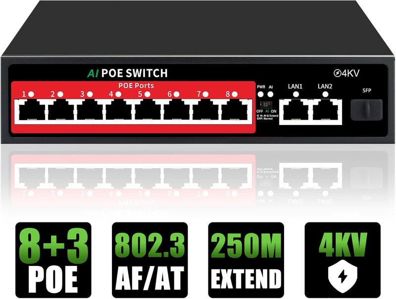 STEAMEMO 8 Port PoE+ Switch | Easy Smart Managed Ethernet Switch | Support VLAN, QoS | 120W Total PoE Budget | Fanless Metal | Plug & Play (Desktop/Wall Mount) - Image 1